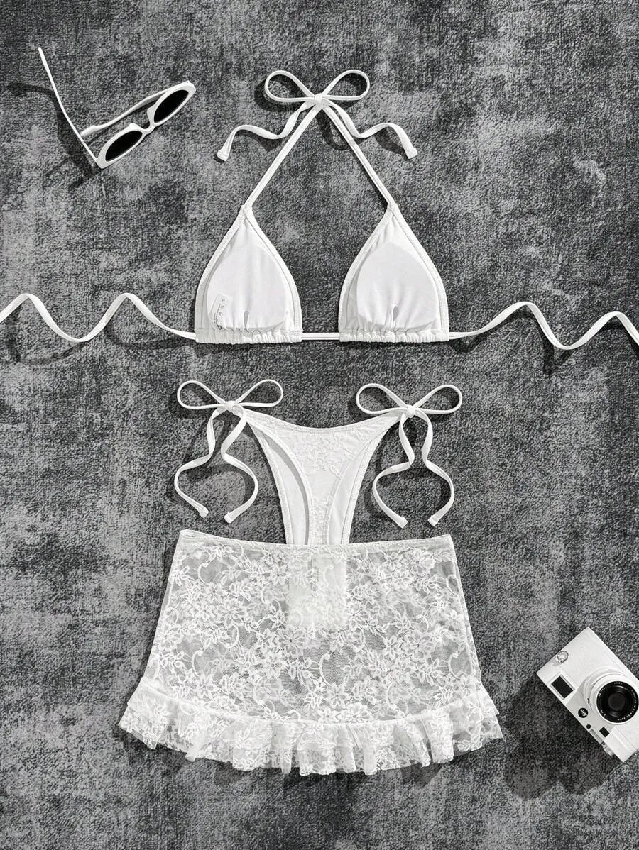 Women’s 3pcs Black Lace Bikini Set – Sexy Triangle Cup Bra, G-String Bottom, and Flounce Mini Skirt, Elegant Summer Beach Swimwear Perfect for Pool Parties, Vacations, and Resort Wear
