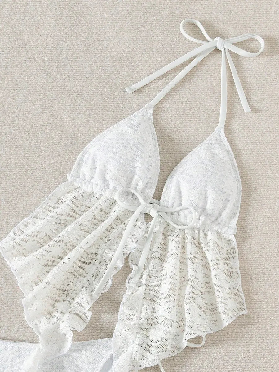 Women’s 3pcs Spring Break Bikini Set – Hollow-Out Lace Solid Color Spaghetti Strap Cami Top with Matching Bottoms, Boho Festival Style Summer Beachwear, Trendy and Sexy Swimwear Perfect for Vacations and Beach Parties