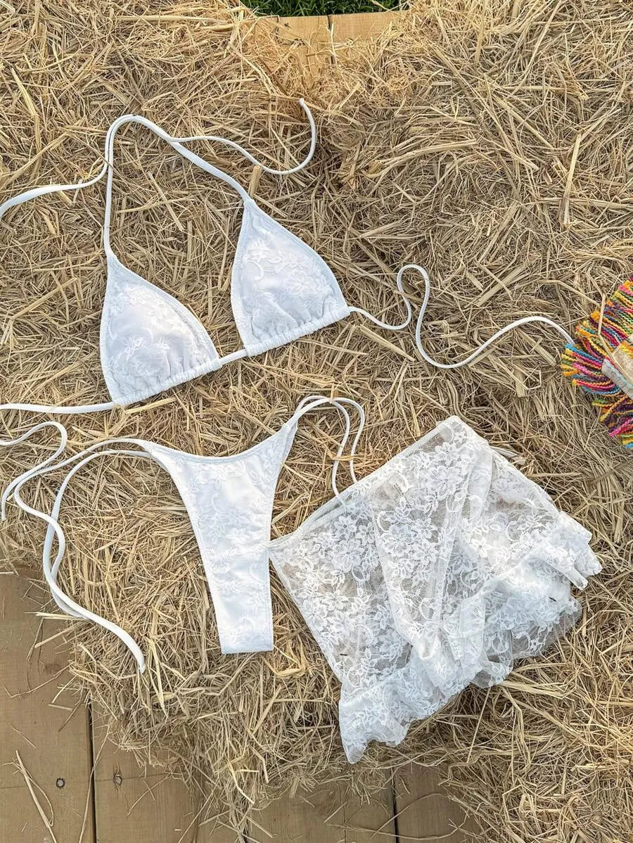 Women’s 3pcs Black Lace Bikini Set – Sexy Triangle Cup Bra, G-String Bottom, and Flounce Mini Skirt, Elegant Summer Beach Swimwear Perfect for Pool Parties, Vacations, and Resort Wear