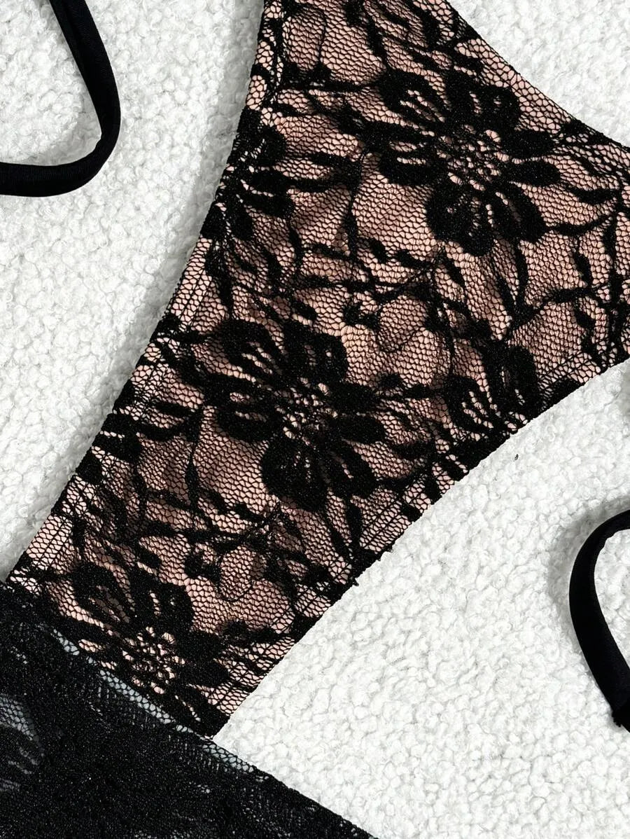 Women’s 3pcs Black Lace Bikini Set – Sexy Triangle Cup Bra, G-String Bottom, and Flounce Mini Skirt, Elegant Summer Beach Swimwear Perfect for Pool Parties, Vacations, and Resort Wear