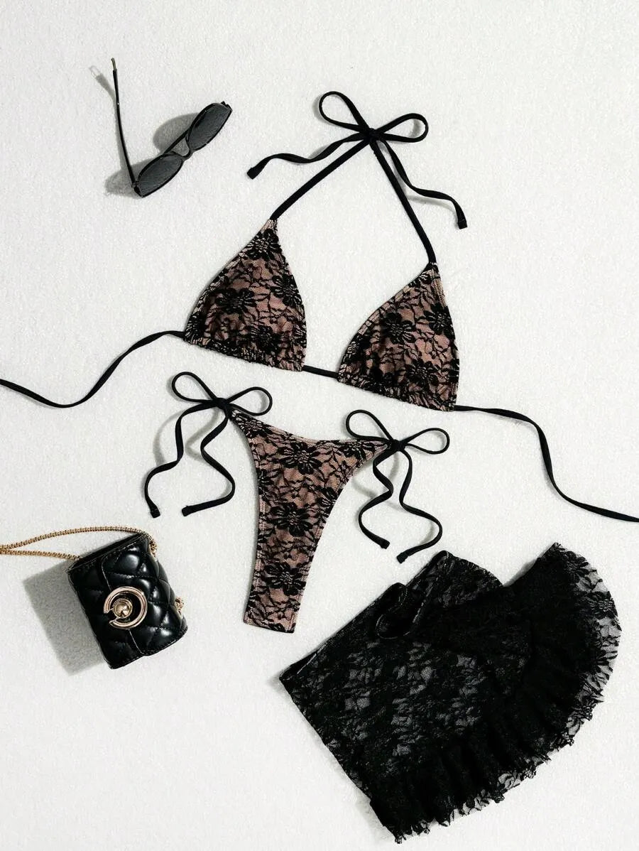 Women’s 3pcs Black Lace Bikini Set – Sexy Triangle Cup Bra, G-String Bottom, and Flounce Mini Skirt, Elegant Summer Beach Swimwear Perfect for Pool Parties, Vacations, and Resort Wear