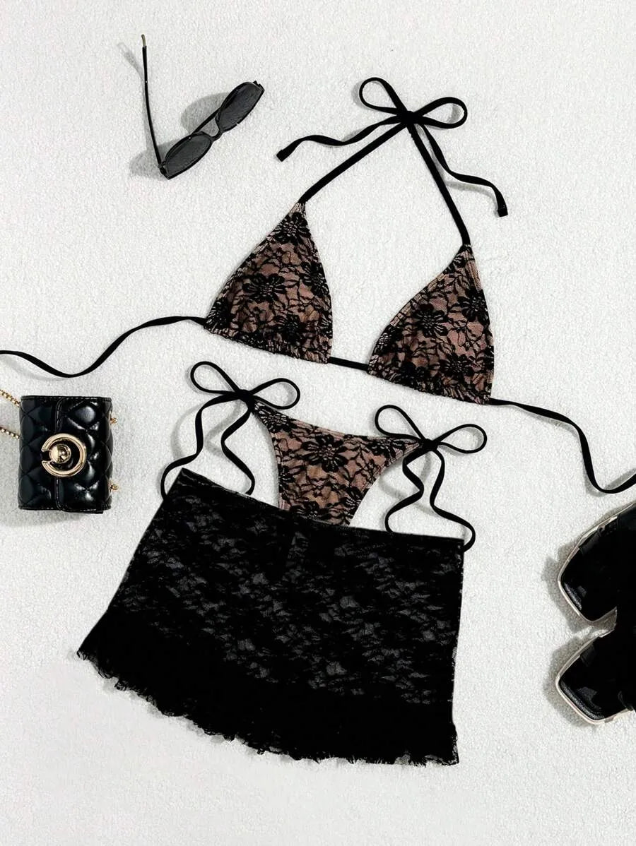 Women’s 3pcs Black Lace Bikini Set – Sexy Triangle Cup Bra, G-String Bottom, and Flounce Mini Skirt, Elegant Summer Beach Swimwear Perfect for Pool Parties, Vacations, and Resort Wear