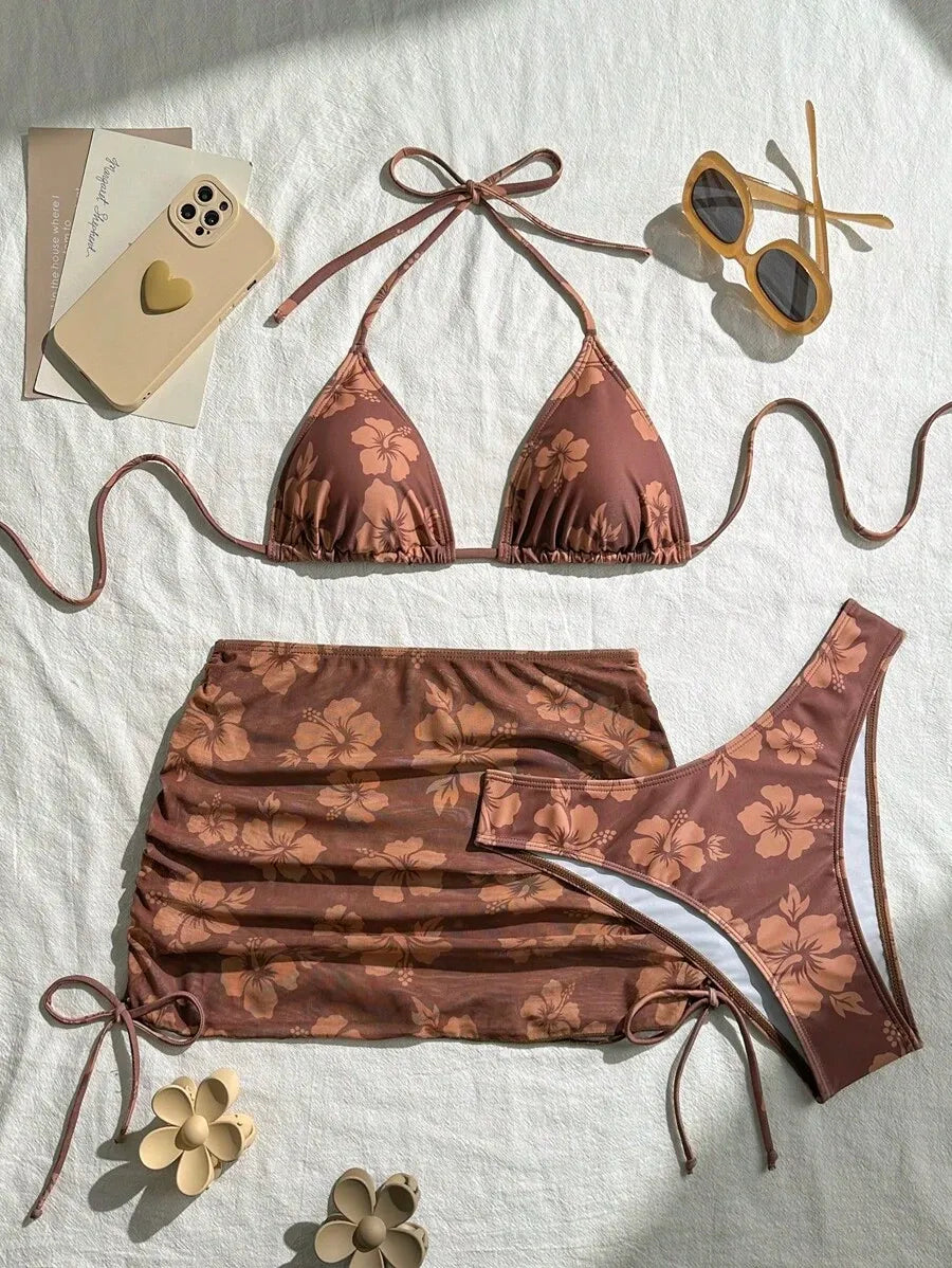 Women’s 3pcs Summer Bikini Set with Strappy Floral Mesh Beach Dress – Spaghetti Strap Triangle Bikini Top and Matching Cover-Up, Lightweight and Sexy Swimwear Perfect for Beach Vacations, Pool Parties, and Summer Fun