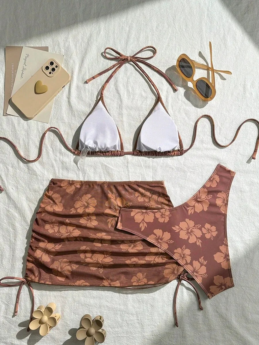 Women’s 3pcs Summer Bikini Set with Strappy Floral Mesh Beach Dress – Spaghetti Strap Triangle Bikini Top and Matching Cover-Up, Lightweight and Sexy Swimwear Perfect for Beach Vacations, Pool Parties, and Summer Fun
