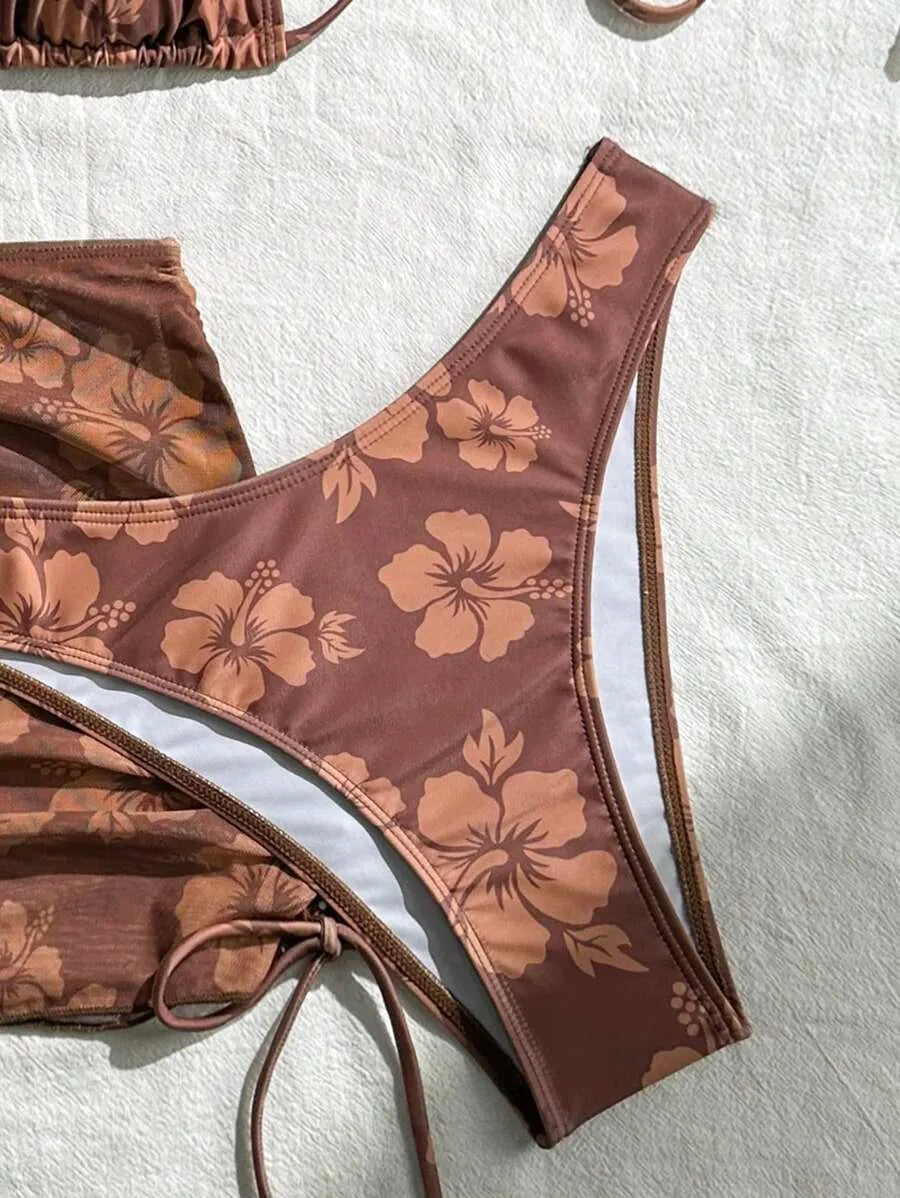 Women’s 3pcs Summer Bikini Set with Strappy Floral Mesh Beach Dress – Spaghetti Strap Triangle Bikini Top and Matching Cover-Up, Lightweight and Sexy Swimwear Perfect for Beach Vacations, Pool Parties, and Summer Fun