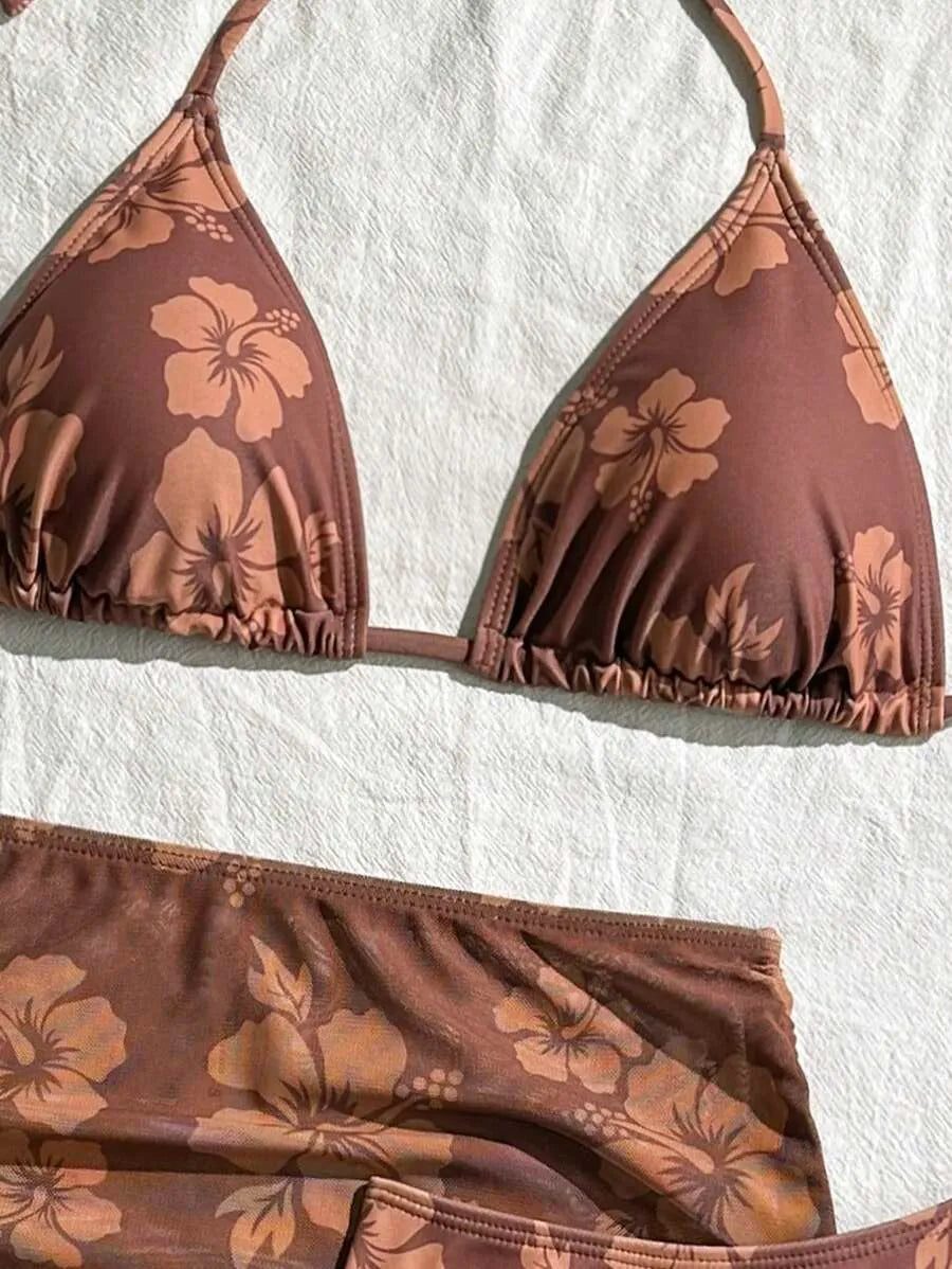 Women’s 3pcs Summer Bikini Set with Strappy Floral Mesh Beach Dress – Spaghetti Strap Triangle Bikini Top and Matching Cover-Up, Lightweight and Sexy Swimwear Perfect for Beach Vacations, Pool Parties, and Summer Fun