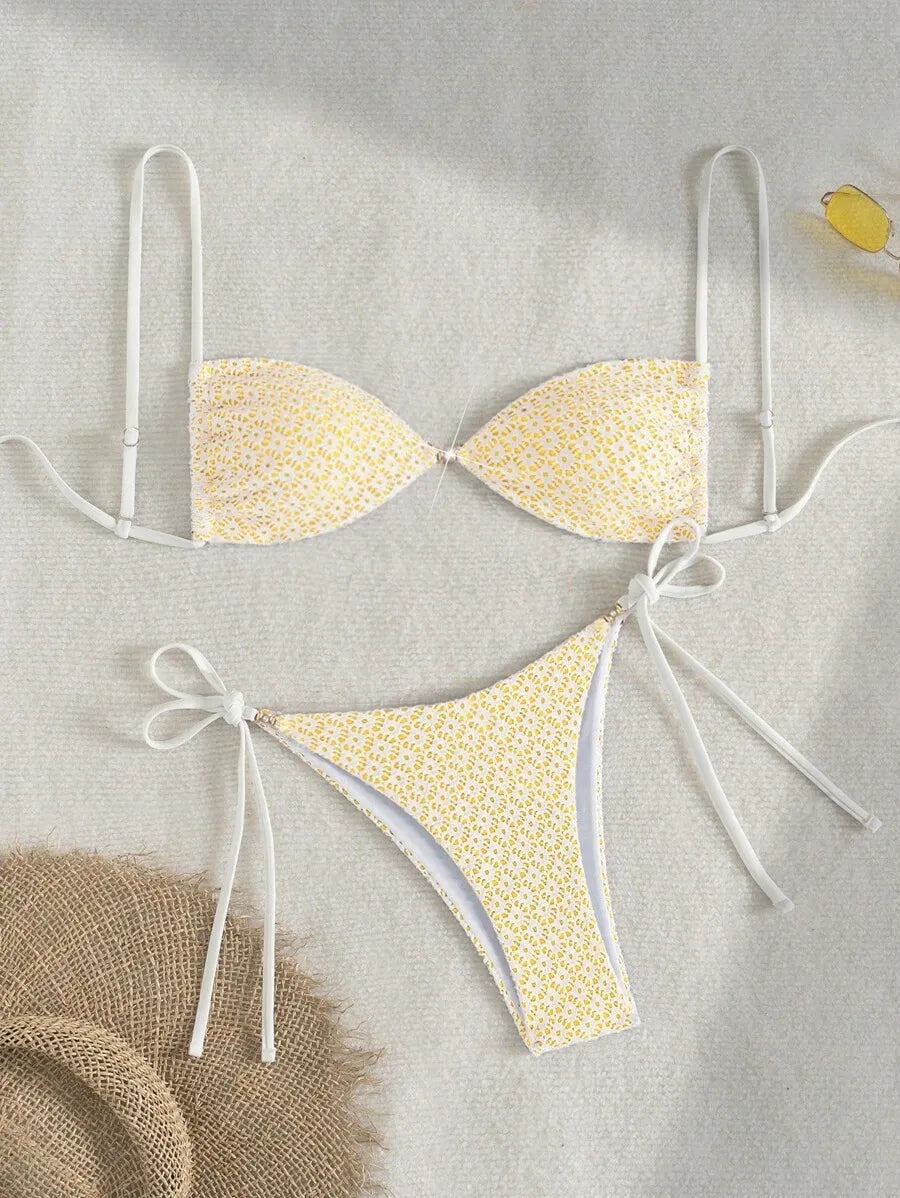 Women’s 2pcs Summer Beach Outfit – Textured Fabric Crop Top with Pearl and Metallic Decor, Spaghetti Straps, and Side Tie Bikini Shorts, Trendy and Sexy Swimwear Set Perfect for Pool, Vacation, and Summer Days