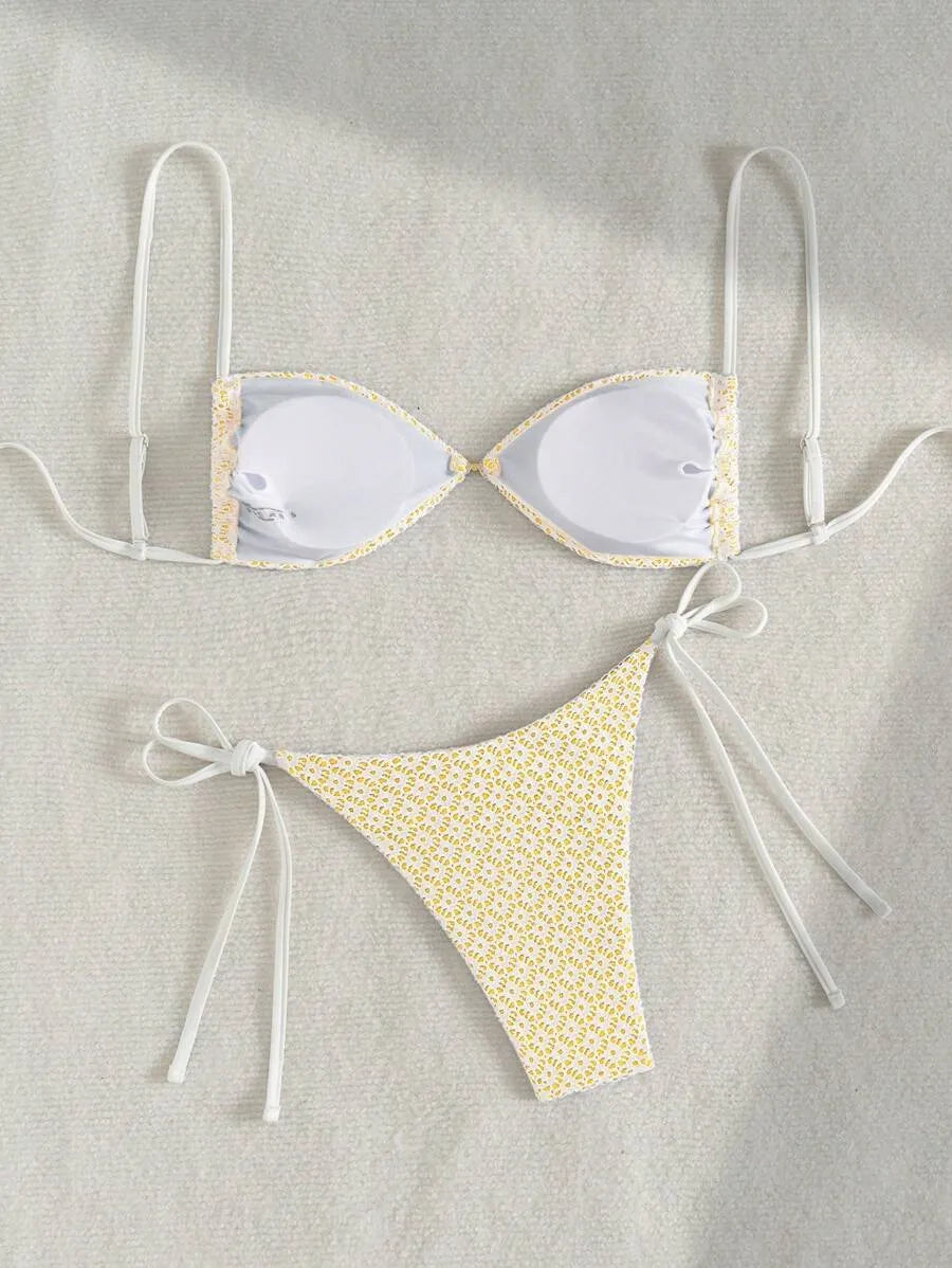 Women’s 2pcs Summer Beach Outfit – Textured Fabric Crop Top with Pearl and Metallic Decor, Spaghetti Straps, and Side Tie Bikini Shorts, Trendy and Sexy Swimwear Set Perfect for Pool, Vacation, and Summer Days