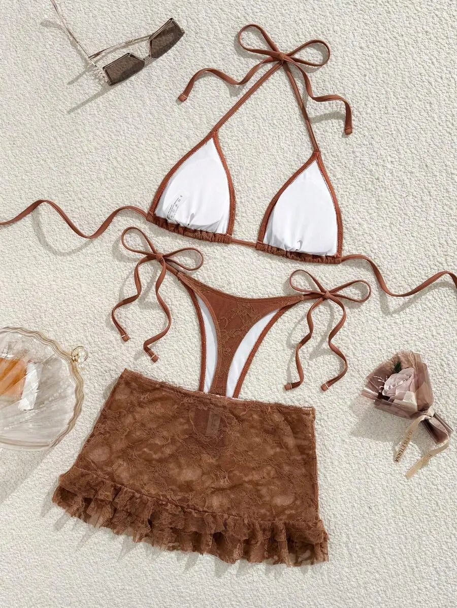 Women’s 3pcs Black Lace Bikini Set – Sexy Triangle Cup Bra, G-String Bottom, and Flounce Mini Skirt, Elegant Summer Beach Swimwear Perfect for Pool Parties, Vacations, and Resort Wear