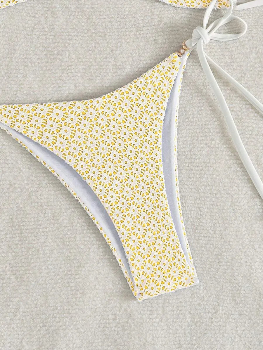 Women’s 2pcs Summer Beach Outfit – Textured Fabric Crop Top with Pearl and Metallic Decor, Spaghetti Straps, and Side Tie Bikini Shorts, Trendy and Sexy Swimwear Set Perfect for Pool, Vacation, and Summer Days