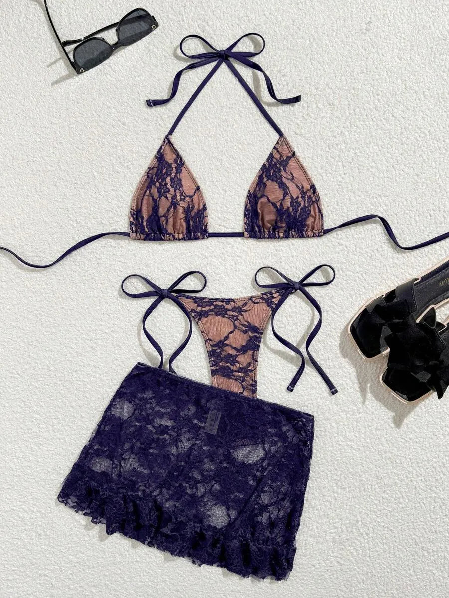 Women’s 3pcs Black Lace Bikini Set – Sexy Triangle Cup Bra, G-String Bottom, and Flounce Mini Skirt, Elegant Summer Beach Swimwear Perfect for Pool Parties, Vacations, and Resort Wear