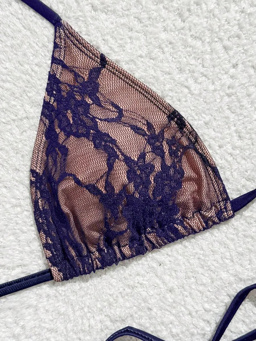 Women’s 3pcs Black Lace Bikini Set – Sexy Triangle Cup Bra, G-String Bottom, and Flounce Mini Skirt, Elegant Summer Beach Swimwear Perfect for Pool Parties, Vacations, and Resort Wear