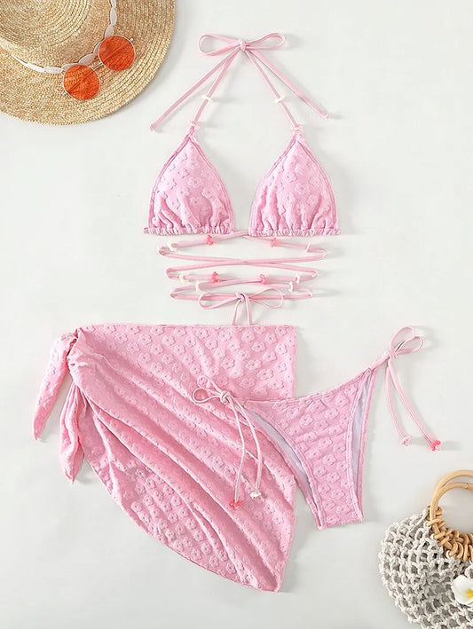 Floral Flocked 3pcs Bikini Set for Women – Beaded Halter Triangle Top, Tie Side Bottom, and Matching Beach Skirt, Trendy Summer Swimwear Perfect for Beach Vacations, Festivals, and Poolside Style