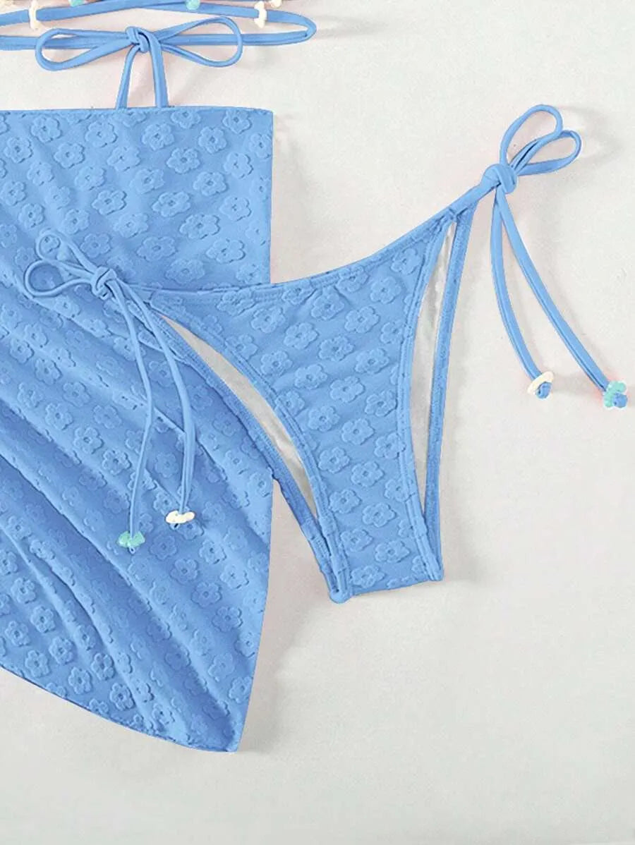 Floral Flocked 3pcs Bikini Set for Women – Beaded Halter Triangle Top, Tie Side Bottom, and Matching Beach Skirt, Trendy Summer Swimwear Perfect for Beach Vacations, Festivals, and Poolside Style