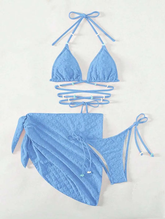 Floral Flocked 3pcs Bikini Set for Women – Beaded Halter Triangle Top, Tie Side Bottom, and Matching Beach Skirt, Trendy Summer Swimwear Perfect for Beach Vacations, Festivals, and Poolside Style