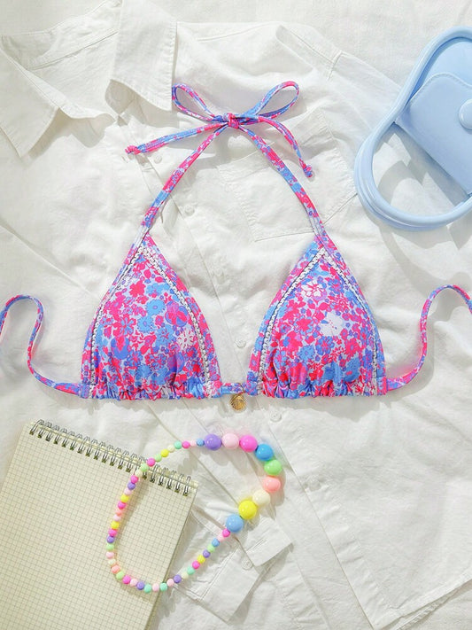 Floral Bikini Top Metal Decoration Spaghetti Strap Beachwear for Women – Ideal for gifting, travel accessories, romantic occasions, casual style, or everyday use with elegant minimalist charm.