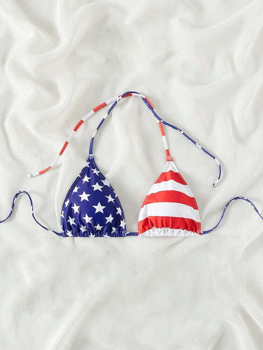 Women’s Summer American Flag Bikini Top – Halter Neck Swimwear with Patriotic 4th of July Print, Stylish and Fun Beachwear Perfect for Pool Parties, Vacations, and Summer Celebrations