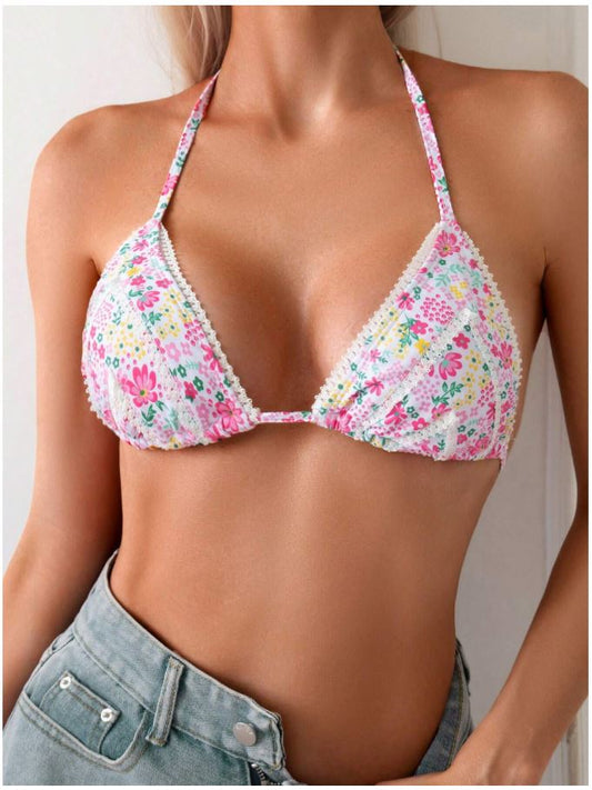 Floral Printed Halter Neck Backless Bikini Top for Women – Sexy Summer Beach Swimwear with Adjustable Back Tie, Trendy Two Piece Bikini Top for Vacation & Poolside
