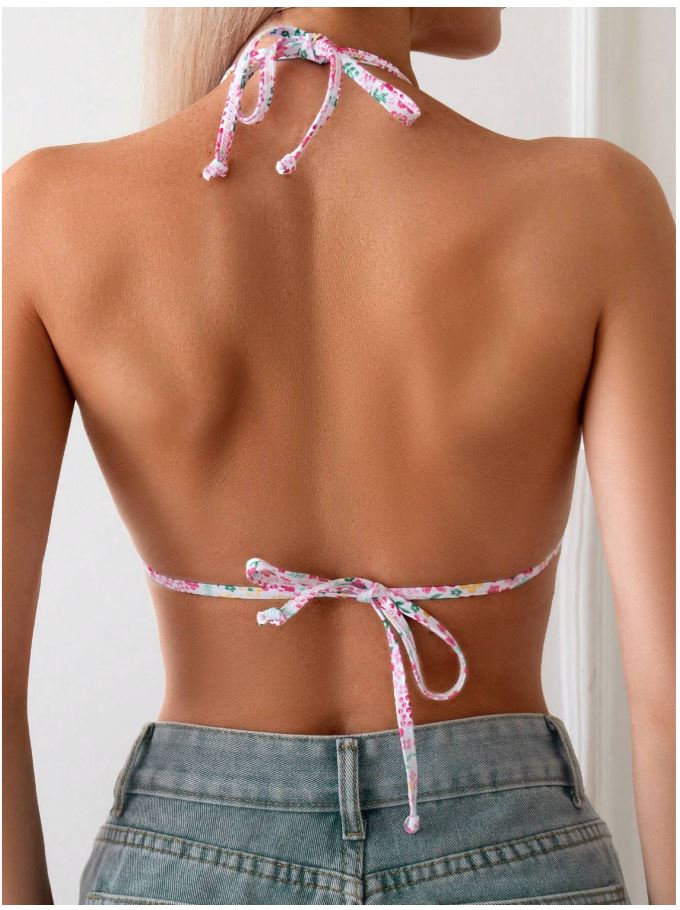 Floral Printed Halter Neck Backless Bikini Top for Women – Sexy Summer Beach Swimwear with Adjustable Back Tie, Trendy Two Piece Bikini Top for Vacation & Poolside