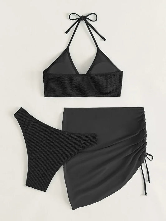 Women’s 3pcs Textured Bikini Set – Ring-Linked Triangle Bra, Cheeky Bottom, and Matching Cover-Up Skirt, Stylish Summer Beach Swimwear Perfect for Vacation, Poolside Fun, and Trendy Beach Outfits