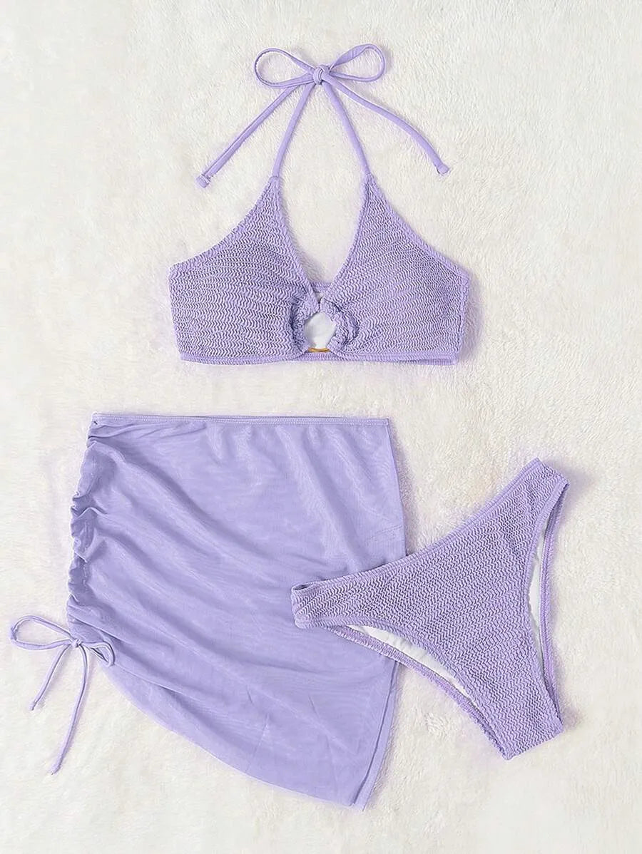 Women’s 3pcs Textured Bikini Set – Ring-Linked Triangle Bra, Cheeky Bottom, and Matching Cover-Up Skirt, Stylish Summer Beach Swimwear Perfect for Vacation, Poolside Fun, and Trendy Beach Outfits