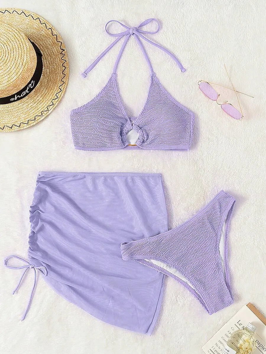 Women’s 3pcs Textured Bikini Set – Ring-Linked Triangle Bra, Cheeky Bottom, and Matching Cover-Up Skirt, Stylish Summer Beach Swimwear Perfect for Vacation, Poolside Fun, and Trendy Beach Outfits