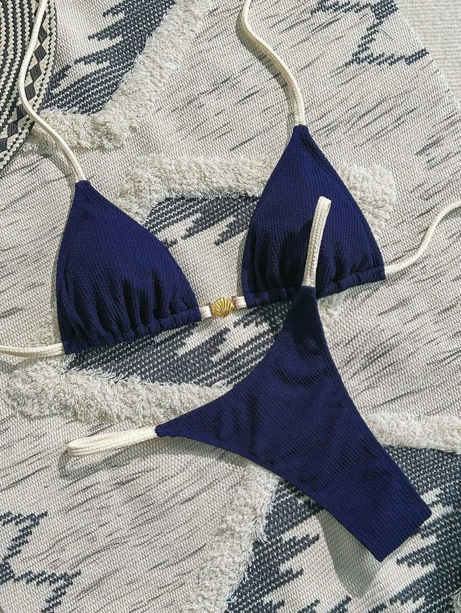 Navy Blue & White 2pcs Bikini Set for Women – Summer Casual Beach Outfit with Textured Fabric, Metallic Shell Decor, Sexy Triangle Cup Top, Nautical Style Swimwear Perfect for Vacation and Poolside Fun