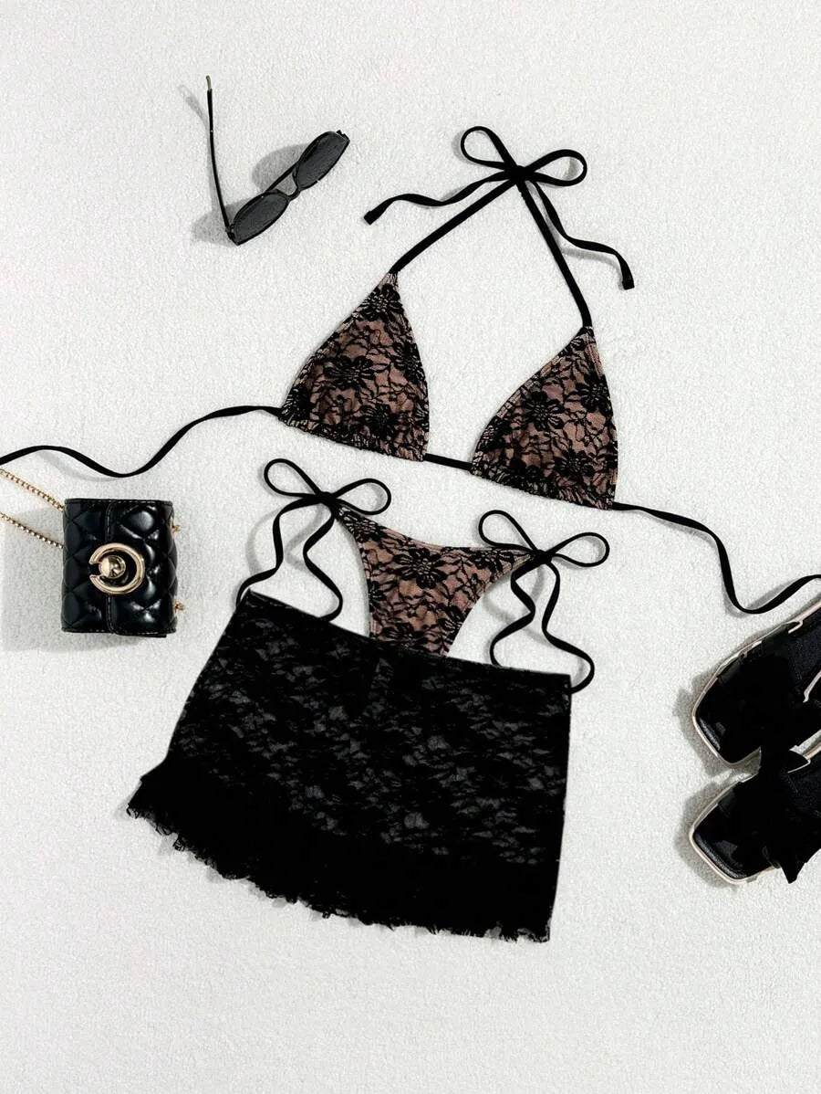 Women’s 3pcs Black Lace Bikini Set – Sexy Triangle Cup Bra, G-String Bottom, and Flounce Mini Skirt, Elegant Summer Beach Swimwear Perfect for Pool Parties, Vacations, and Resort Wear
