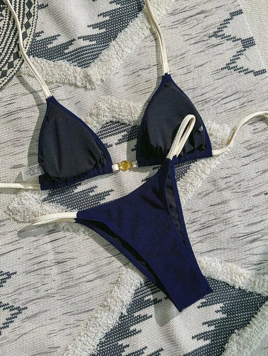 Navy Blue & White 2pcs Bikini Set for Women – Summer Casual Beach Outfit with Textured Fabric, Metallic Shell Decor, Sexy Triangle Cup Top, Nautical Style Swimwear Perfect for Vacation and Poolside Fun