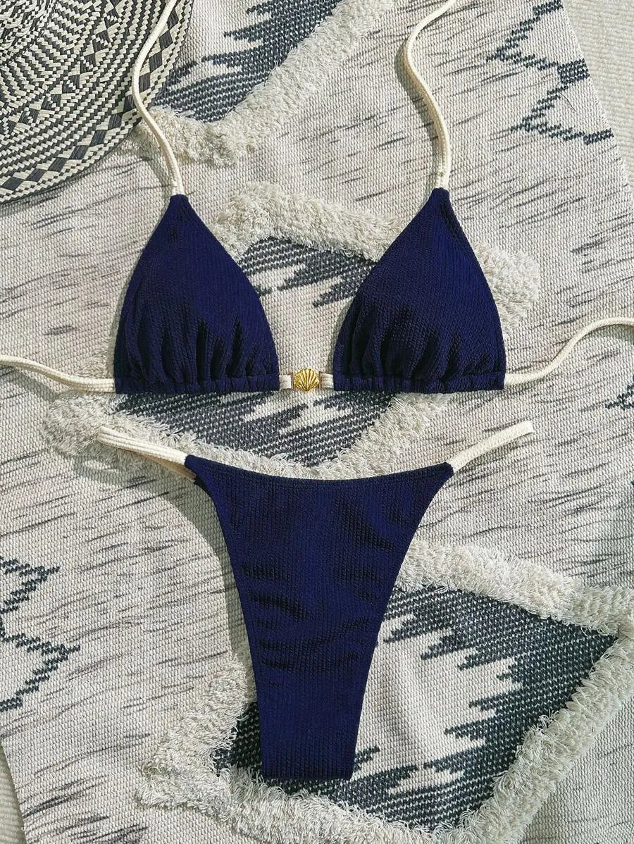 Navy Blue & White 2pcs Bikini Set for Women – Summer Casual Beach Outfit with Textured Fabric, Metallic Shell Decor, Sexy Triangle Cup Top, Nautical Style Swimwear Perfect for Vacation and Poolside Fun