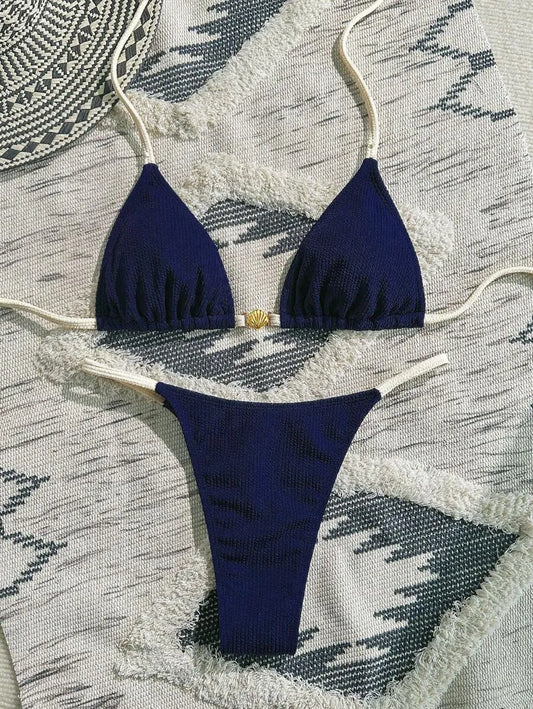 Navy Blue & White 2pcs Bikini Set for Women – Summer Casual Beach Outfit with Textured Fabric, Metallic Shell Decor, Sexy Triangle Cup Top, Nautical Style Swimwear Perfect for Vacation and Poolside Fun