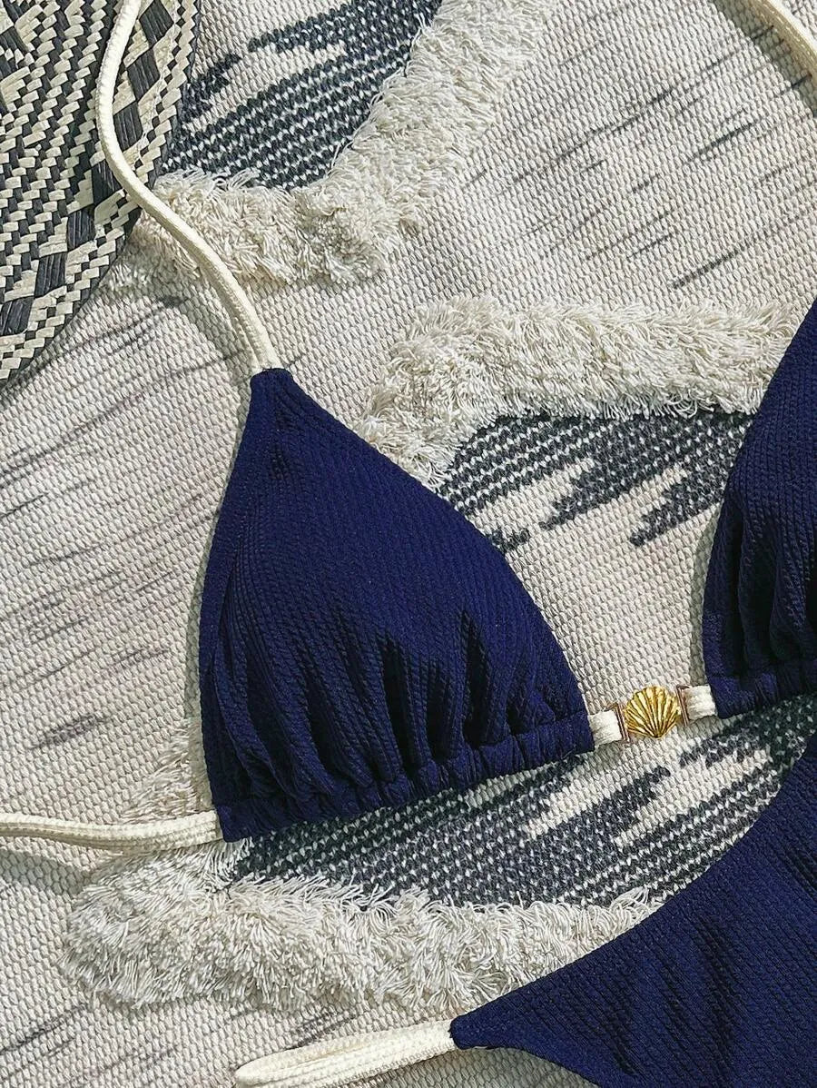 Navy Blue & White 2pcs Bikini Set for Women – Summer Casual Beach Outfit with Textured Fabric, Metallic Shell Decor, Sexy Triangle Cup Top, Nautical Style Swimwear Perfect for Vacation and Poolside Fun