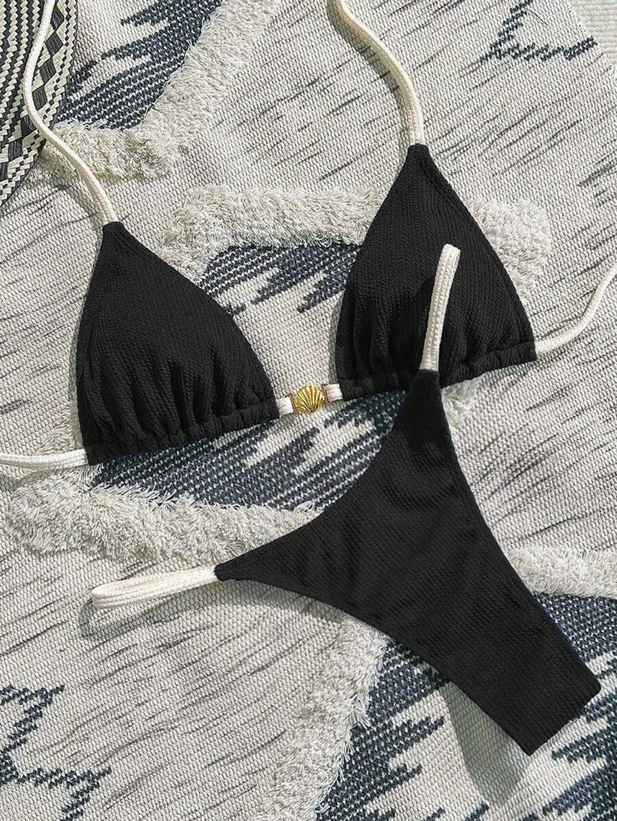 Navy Blue & White 2pcs Bikini Set for Women – Summer Casual Beach Outfit with Textured Fabric, Metallic Shell Decor, Sexy Triangle Cup Top, Nautical Style Swimwear Perfect for Vacation and Poolside Fun
