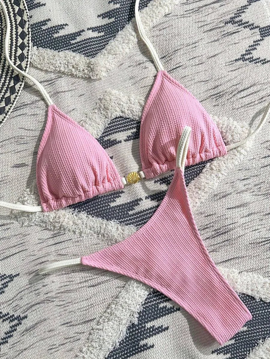 Navy Blue & White 2pcs Bikini Set for Women – Summer Casual Beach Outfit with Textured Fabric, Metallic Shell Decor, Sexy Triangle Cup Top, Nautical Style Swimwear Perfect for Vacation and Poolside Fun