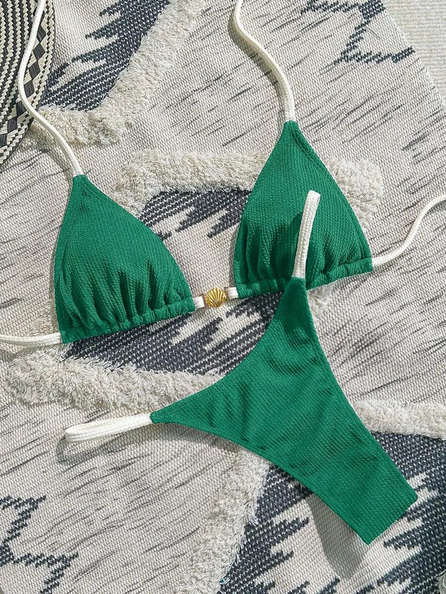 Navy Blue & White 2pcs Bikini Set for Women – Summer Casual Beach Outfit with Textured Fabric, Metallic Shell Decor, Sexy Triangle Cup Top, Nautical Style Swimwear Perfect for Vacation and Poolside Fun