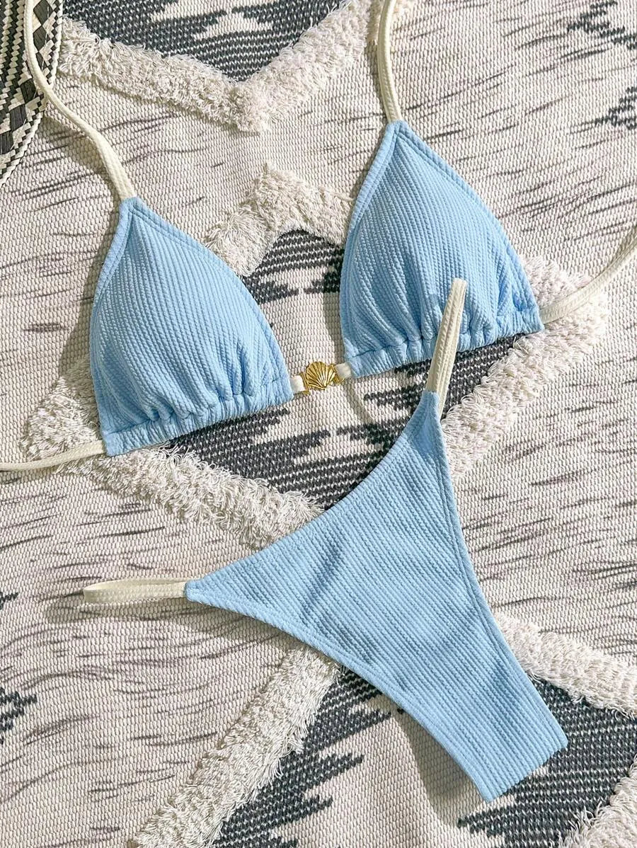 Navy Blue & White 2pcs Bikini Set for Women – Summer Casual Beach Outfit with Textured Fabric, Metallic Shell Decor, Sexy Triangle Cup Top, Nautical Style Swimwear Perfect for Vacation and Poolside Fun