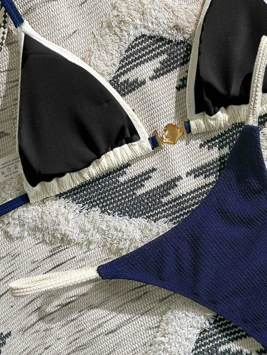 Navy Blue & White 2pcs Bikini Set for Women – Summer Casual Beach Outfit with Textured Fabric, Metallic Shell Decor, Sexy Triangle Cup Top, Nautical Style Swimwear Perfect for Vacation and Poolside Fun