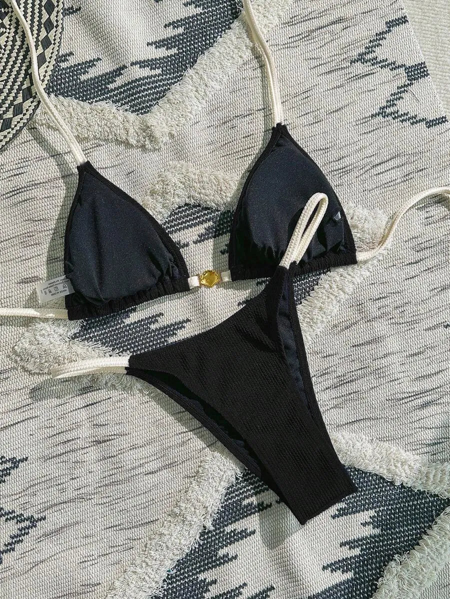 Navy Blue & White 2pcs Bikini Set for Women – Summer Casual Beach Outfit with Textured Fabric, Metallic Shell Decor, Sexy Triangle Cup Top, Nautical Style Swimwear Perfect for Vacation and Poolside Fun
