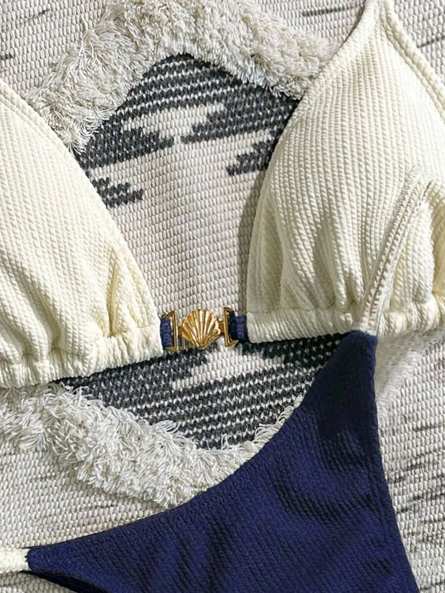 Navy Blue & White 2pcs Bikini Set for Women – Summer Casual Beach Outfit with Textured Fabric, Metallic Shell Decor, Sexy Triangle Cup Top, Nautical Style Swimwear Perfect for Vacation and Poolside Fun