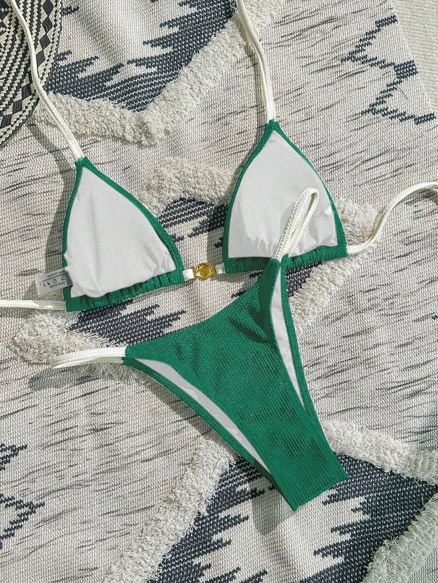Navy Blue & White 2pcs Bikini Set for Women – Summer Casual Beach Outfit with Textured Fabric, Metallic Shell Decor, Sexy Triangle Cup Top, Nautical Style Swimwear Perfect for Vacation and Poolside Fun