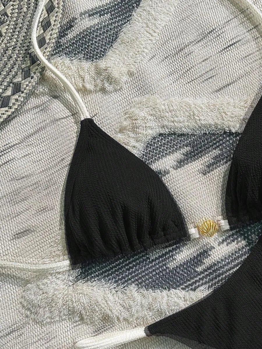 Navy Blue & White 2pcs Bikini Set for Women – Summer Casual Beach Outfit with Textured Fabric, Metallic Shell Decor, Sexy Triangle Cup Top, Nautical Style Swimwear Perfect for Vacation and Poolside Fun