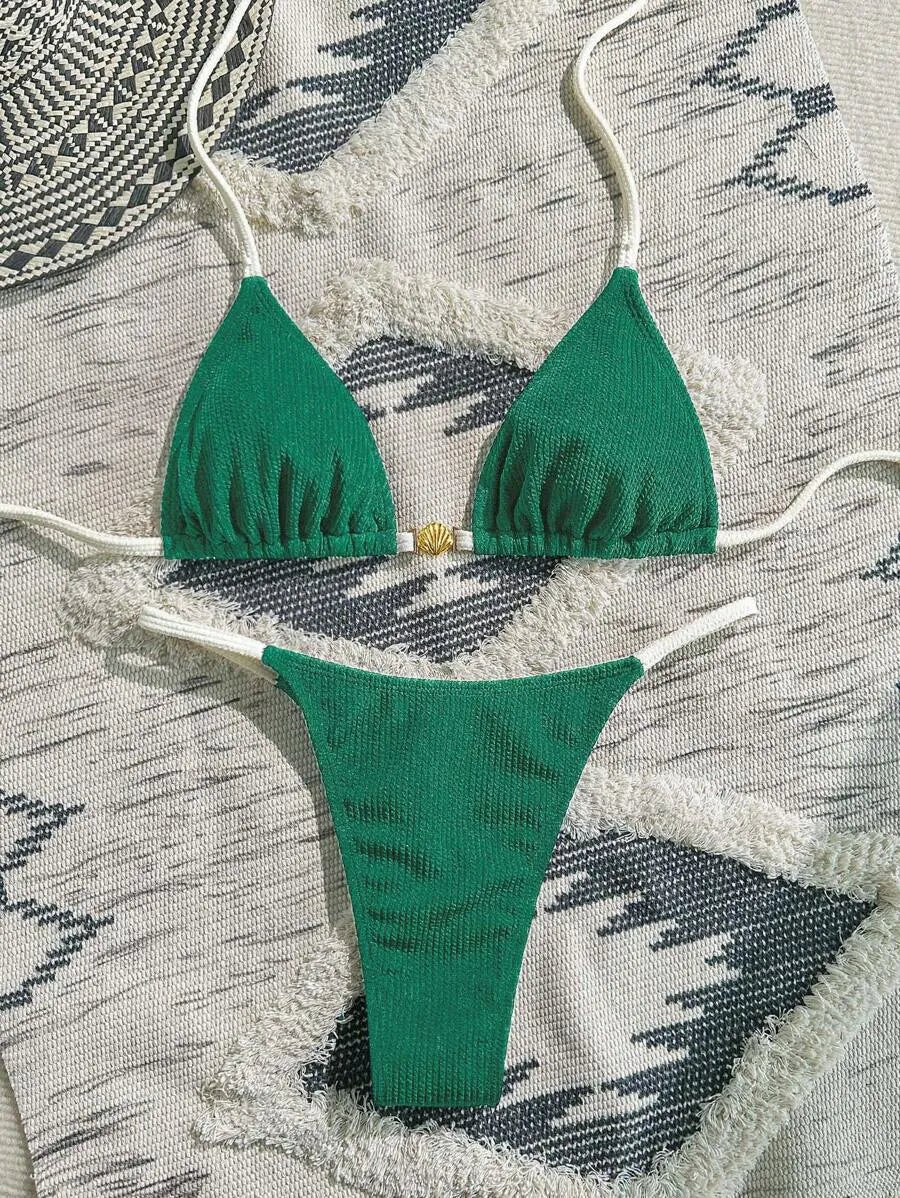 Navy Blue & White 2pcs Bikini Set for Women – Summer Casual Beach Outfit with Textured Fabric, Metallic Shell Decor, Sexy Triangle Cup Top, Nautical Style Swimwear Perfect for Vacation and Poolside Fun