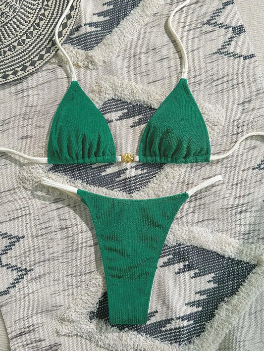 Navy Blue & White 2pcs Bikini Set for Women – Summer Casual Beach Outfit with Textured Fabric, Metallic Shell Decor, Sexy Triangle Cup Top, Nautical Style Swimwear Perfect for Vacation and Poolside Fun