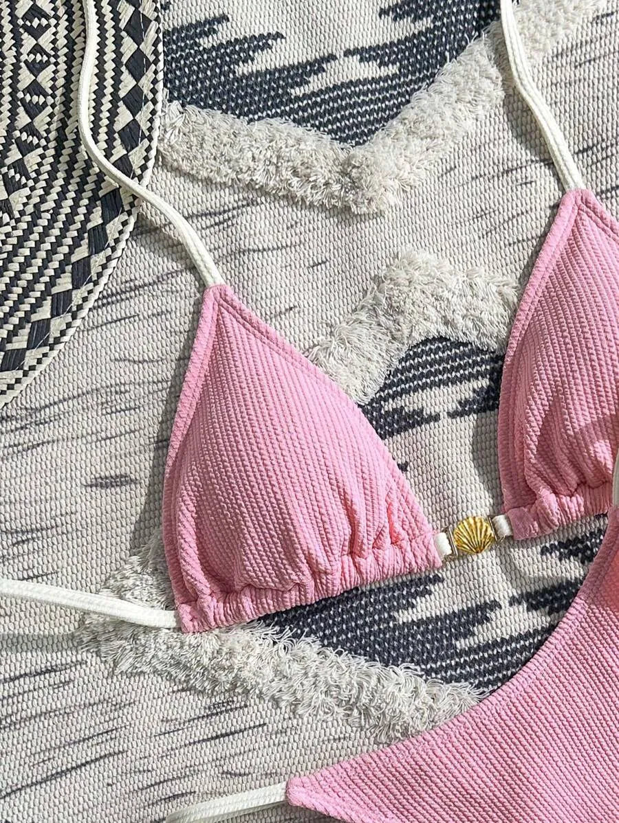 Navy Blue & White 2pcs Bikini Set for Women – Summer Casual Beach Outfit with Textured Fabric, Metallic Shell Decor, Sexy Triangle Cup Top, Nautical Style Swimwear Perfect for Vacation and Poolside Fun