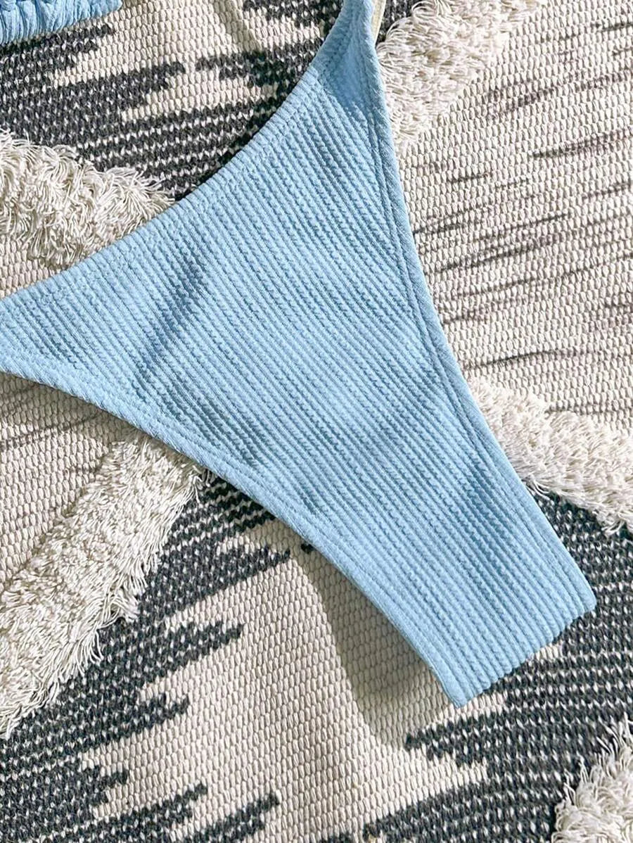 Navy Blue & White 2pcs Bikini Set for Women – Summer Casual Beach Outfit with Textured Fabric, Metallic Shell Decor, Sexy Triangle Cup Top, Nautical Style Swimwear Perfect for Vacation and Poolside Fun