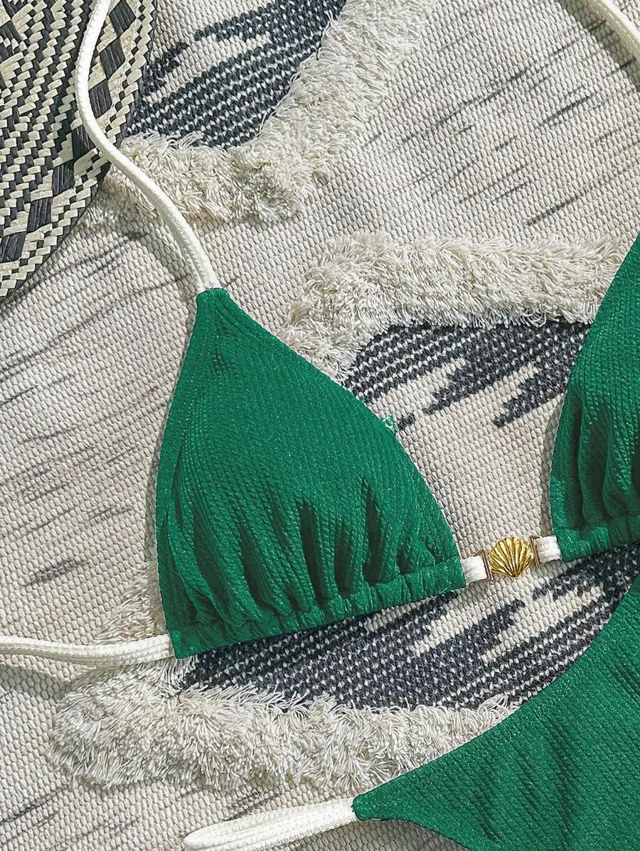 Navy Blue & White 2pcs Bikini Set for Women – Summer Casual Beach Outfit with Textured Fabric, Metallic Shell Decor, Sexy Triangle Cup Top, Nautical Style Swimwear Perfect for Vacation and Poolside Fun