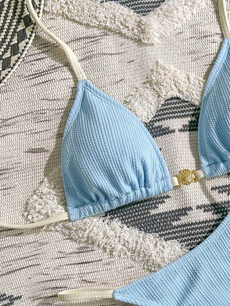 Navy Blue & White 2pcs Bikini Set for Women – Summer Casual Beach Outfit with Textured Fabric, Metallic Shell Decor, Sexy Triangle Cup Top, Nautical Style Swimwear Perfect for Vacation and Poolside Fun