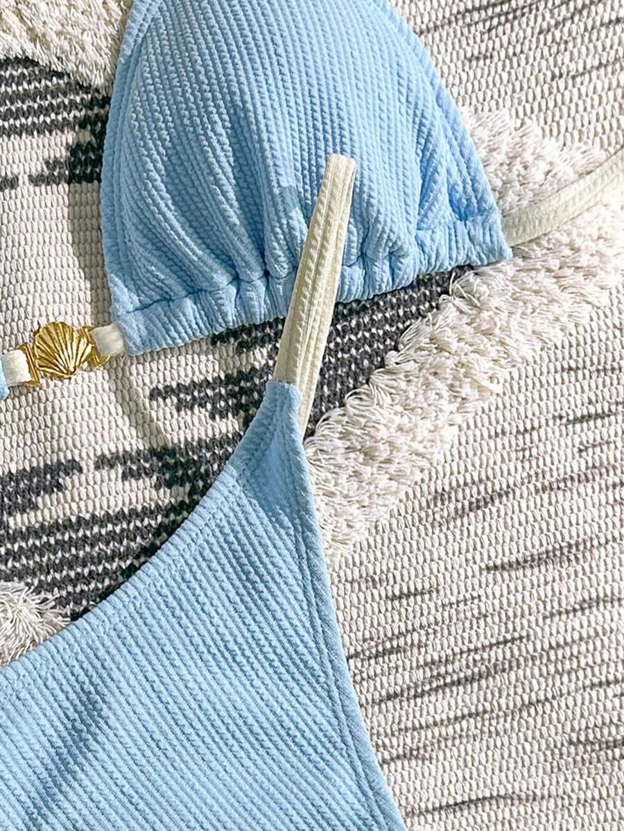 Navy Blue & White 2pcs Bikini Set for Women – Summer Casual Beach Outfit with Textured Fabric, Metallic Shell Decor, Sexy Triangle Cup Top, Nautical Style Swimwear Perfect for Vacation and Poolside Fun