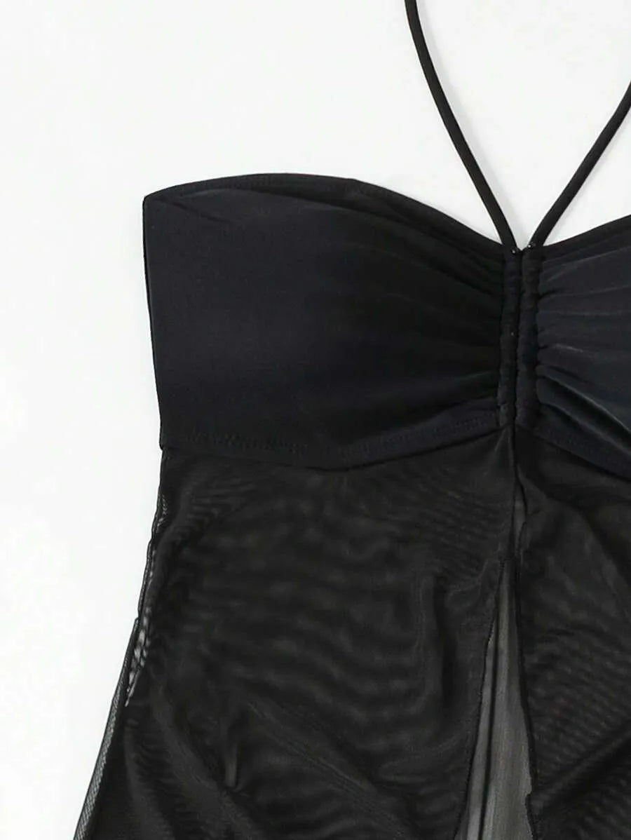 Women’s 3pcs Summer Halter Neck Bikini Set – Tie Front Triangle Top, Split Hem Bottoms with Black Cover-Up, Stylish and Comfortable Beachwear Perfect for Pool, Vacation, and Summer Days