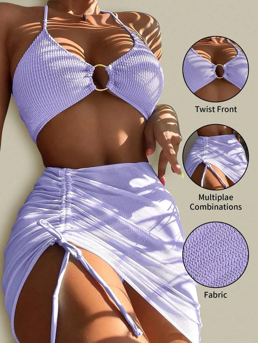 Women’s 3pcs Textured Bikini Set – Ring-Linked Triangle Bra, Cheeky Bottom, and Matching Cover-Up Skirt, Stylish Summer Beach Swimwear Perfect for Vacation, Poolside Fun, and Trendy Beach Outfits